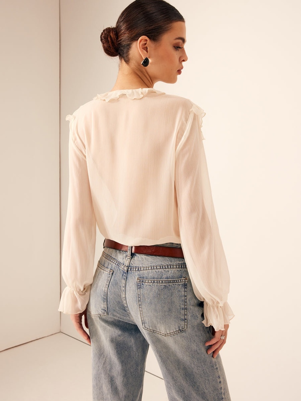 Commense Semi-Sheer Ruffle Chiffon Breasted Blouse - Picture 6 of 7